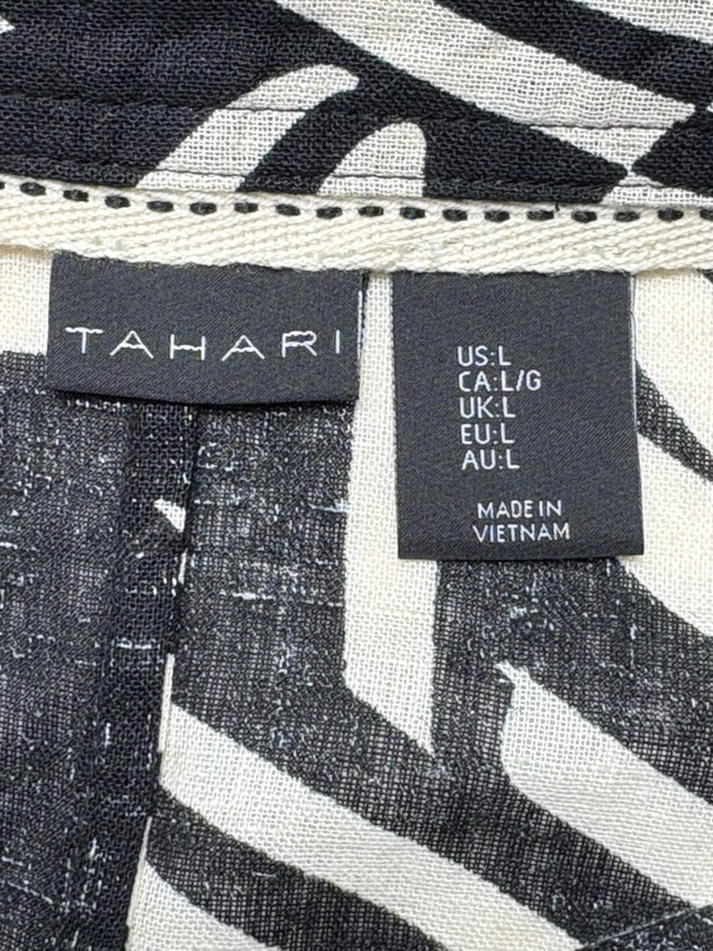 Tahari Linen Blend Kaftan Maxi Dress Black Off-White Geo Leaf Print • Size L - Picture 11 of 12